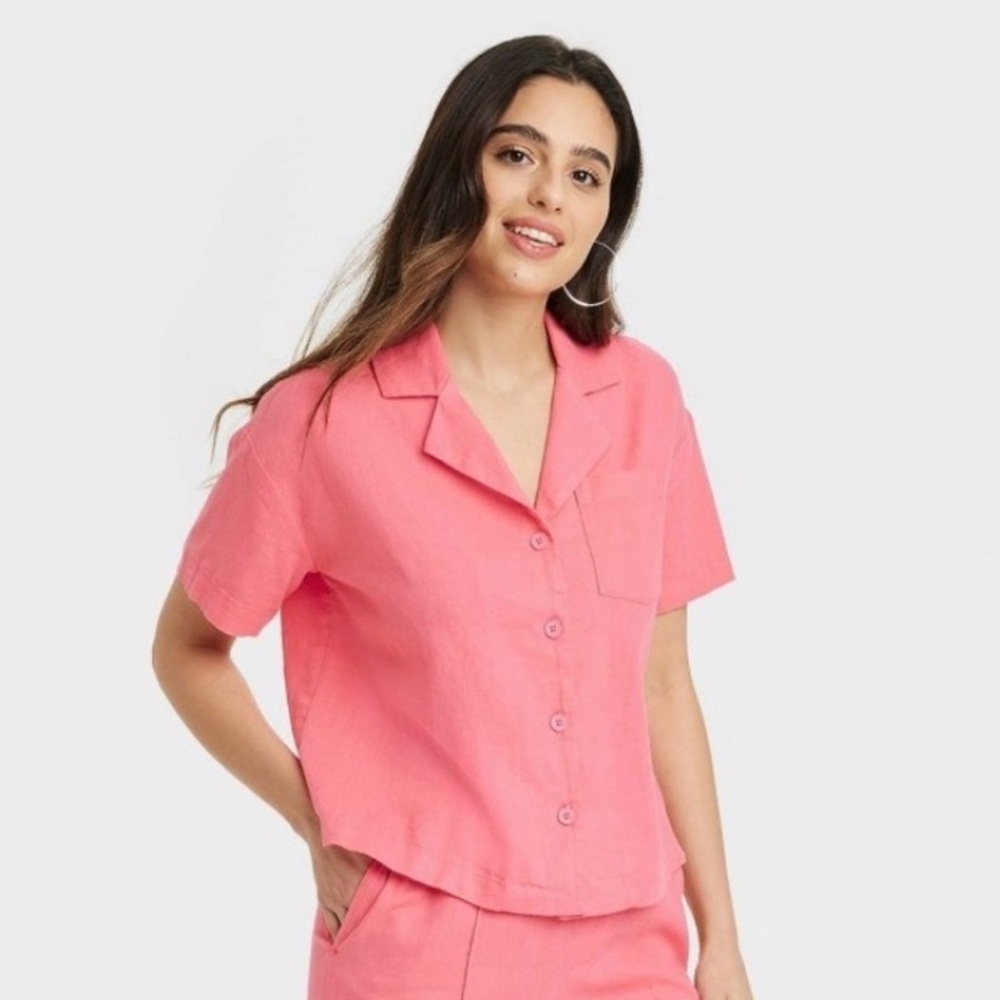 A New Day Womens M Medium Button-Down Pink Linen Short Sleeve Blouse NWT